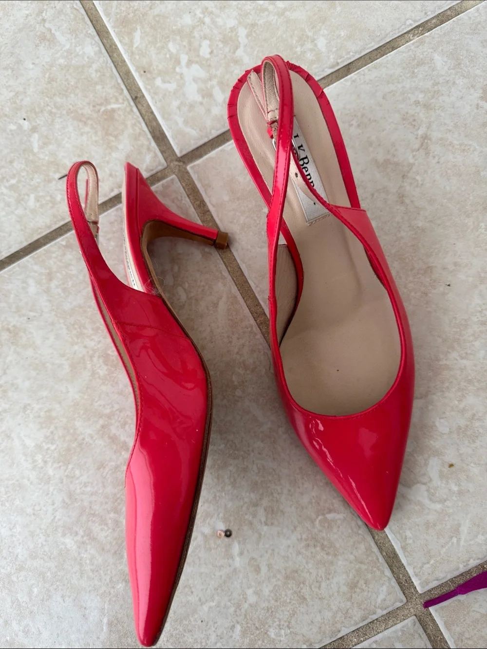 LK Bennett Coral-Red Patent Slingback Pointed Heels